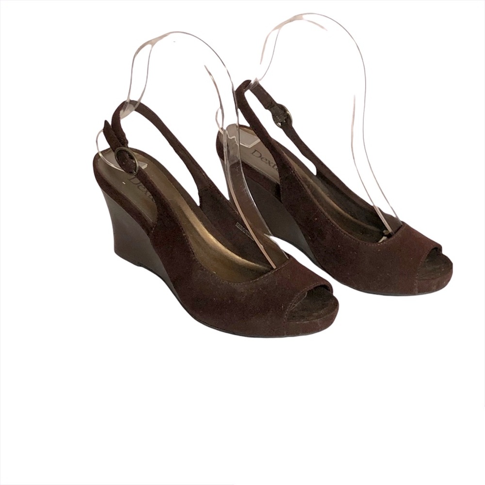 Chocolate brown suede open toe wedge sling back shoes size 5 Dexter